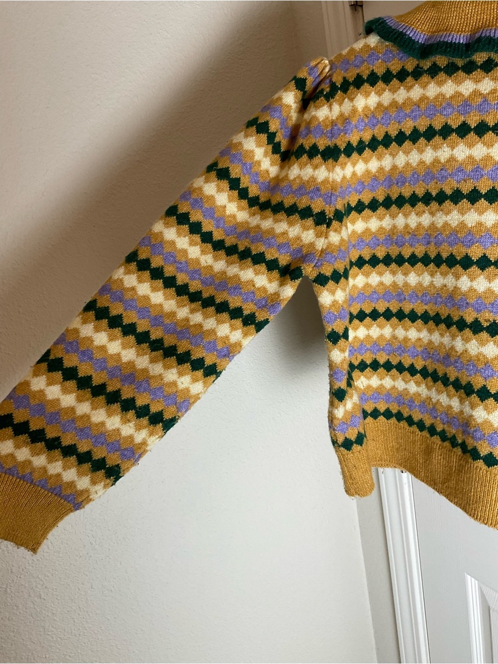 MANGO Arlequin Geometric Pattern Ruffle Detail Polo Sweater size Xl - Picture 10 of 12